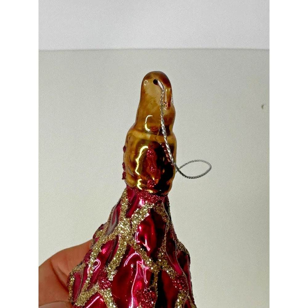 Red Diamond Glass Christmas Ornament Textured Waffle Pattern Gold Glitter